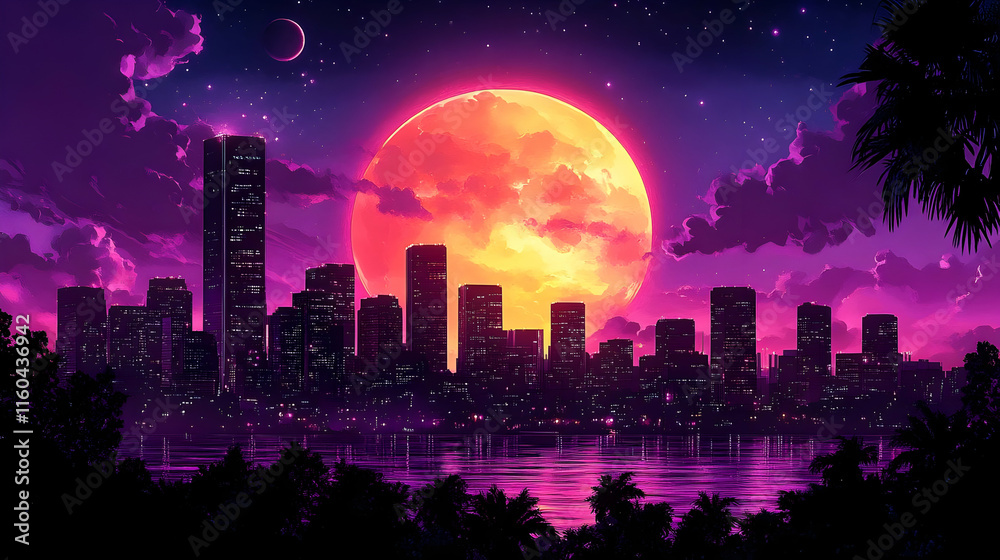 Fototapeta premium Illustration of Cityscape at Night with Orange Moon