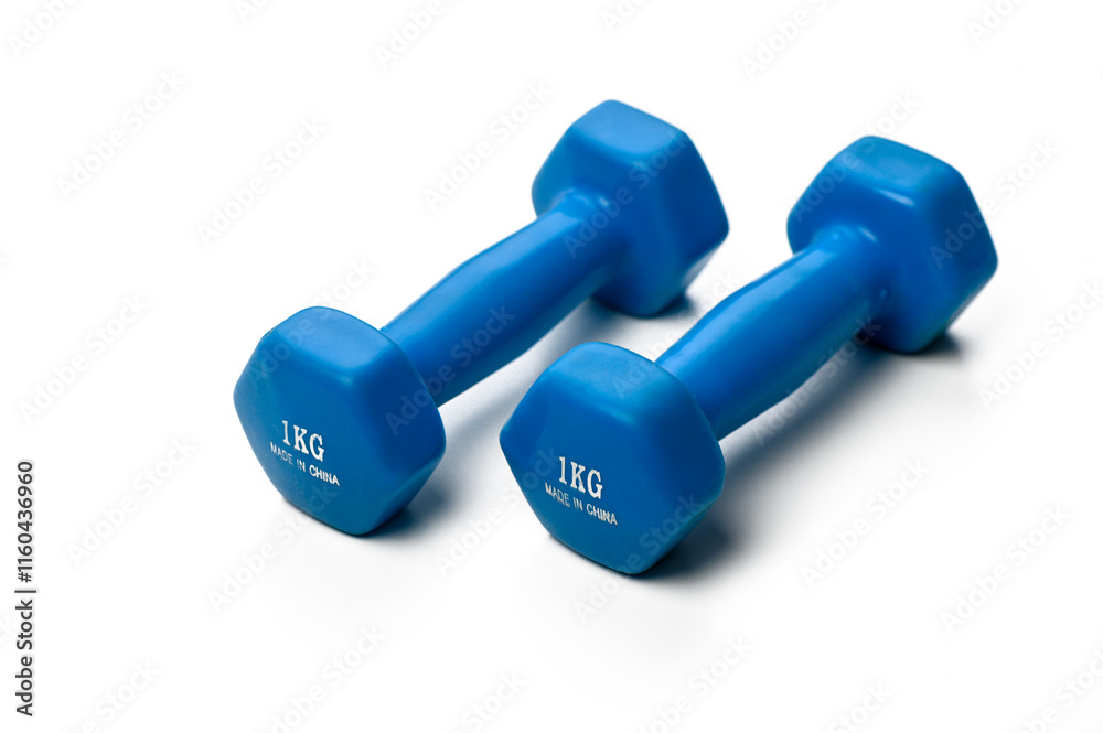Bright blue dumbbells on a clean surface ready for a workout to enhance fitness and build strength Bright blue dumbbells on a clean surface ready for a workout to enhance fitness and build strength