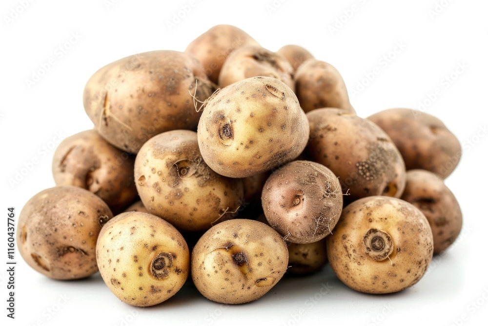 Close up shot of a bunch of potatoes on white background.