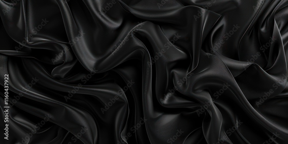 Black smooth satin cloth with light and shadow creates a flowing, soft, and luxurious abstract texture.