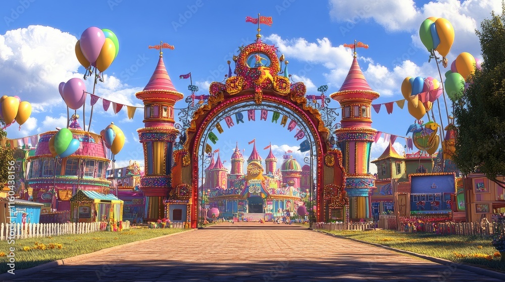 Fototapeta premium Vibrant and Colorful Carnival Entrance with Balloons and Decorations