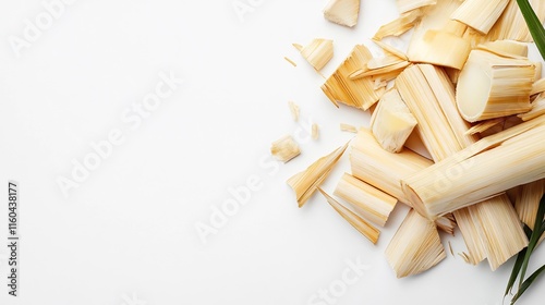 Close-up Photo: Fragrantly Sliced Aromatic Wood Pieces on White Background. AI Generated photo