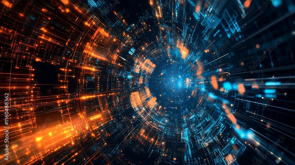 Fototapeta premium Abstract digital tunnel with glowing lines and particles.