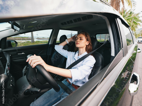 Woman driving a car, with her hand on the steering wheel and head tilted to the side, capturing a moment of concentration and focus inside the vehicle
