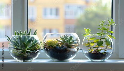Wallpaper Mural Glass florariums with different succulents on windowsill, space for text Torontodigital.ca