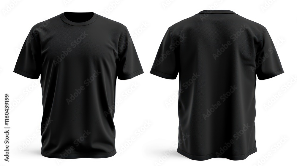 Front and back view of blank black t-shirt. Front and back view of blank black t-shirt.