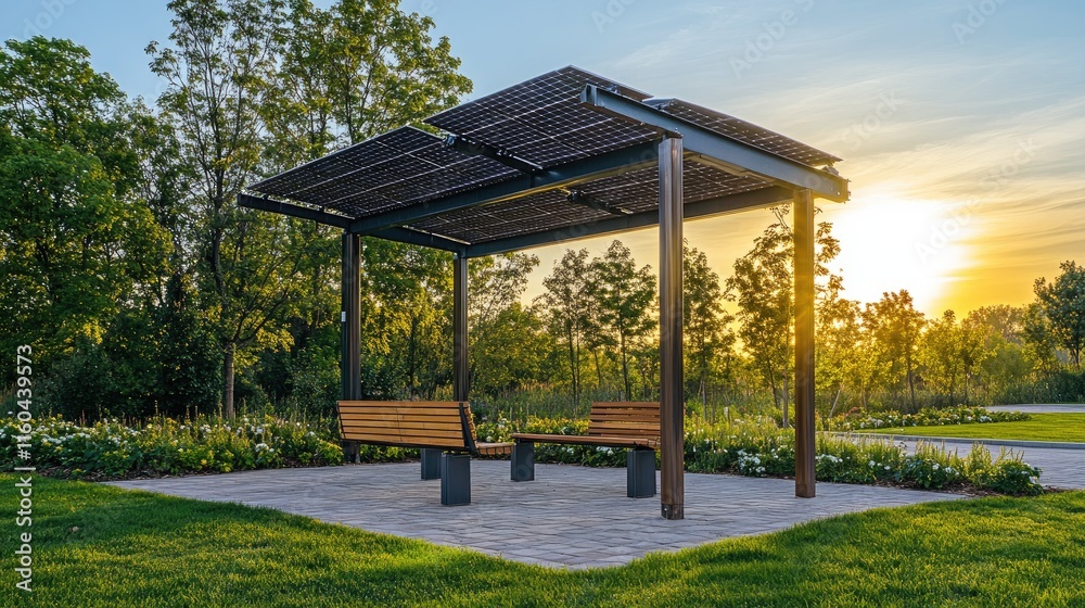 Modern Solar Canopy with Benches in Tranquil Park Setting Modern Solar Canopy with Benches in Tranquil Park Setting