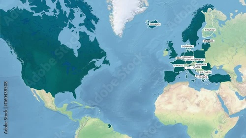  Nato map.Names of NATO countries appear on the map.