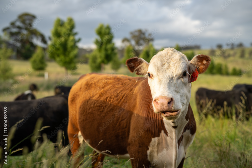 beautiful cattle in Australia eating grass, grazing on pasture. Herd of cows free range beef being regenerative raised on an agricultural farm. Sustainable farming beautiful cattle in Australia eating grass, grazing on pasture. Herd of cows free range beef being regenerative raised on an agricultural farm. Sustainable farming