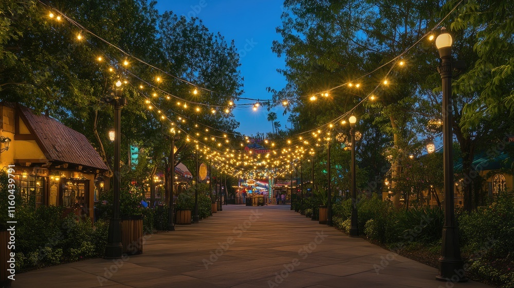 Obraz premium Illuminated Pathway with Twinkling Lights Amidst Lush Trees