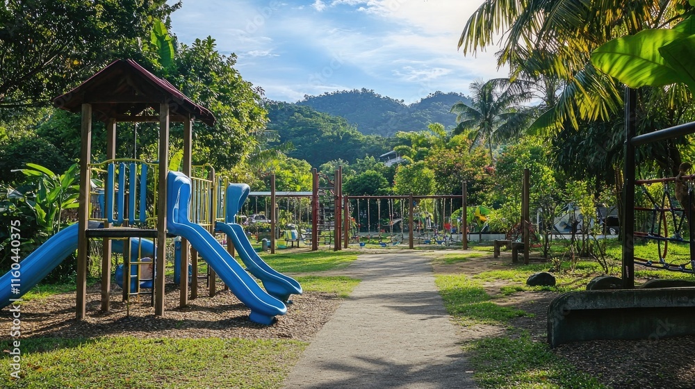 Outdoor Playground with Blue Slides Surrounded by Lush Greenery Outdoor Playground with Blue Slides Surrounded by Lush Greenery