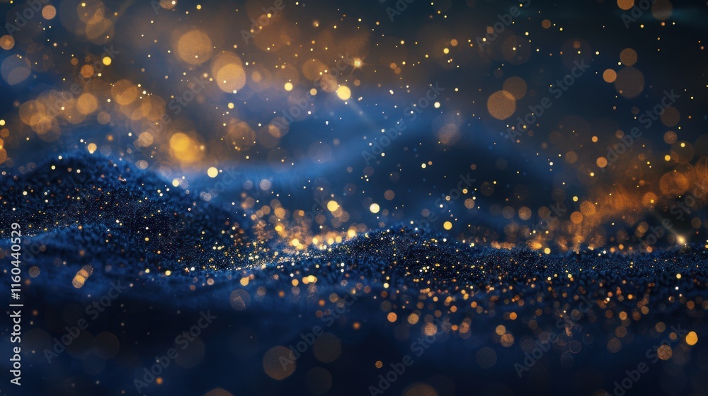 Obraz premium Golden specks float above blue terrain.