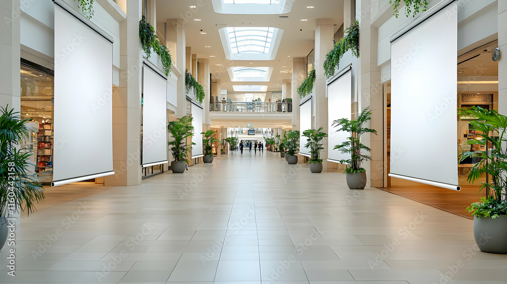 Photo - Modern Shopping Mall Interior Design, Plants, Skylights, and Blank Banners Photo - Modern Shopping Mall Interior Design, Plants, Skylights, and Blank Banners