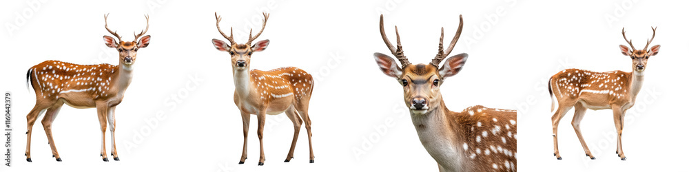 realistic axis deer with antlers, showcasing its unique spotted coat, isolated on transparent background. realistic axis deer with antlers, showcasing its unique spotted coat, isolated on transparent background.