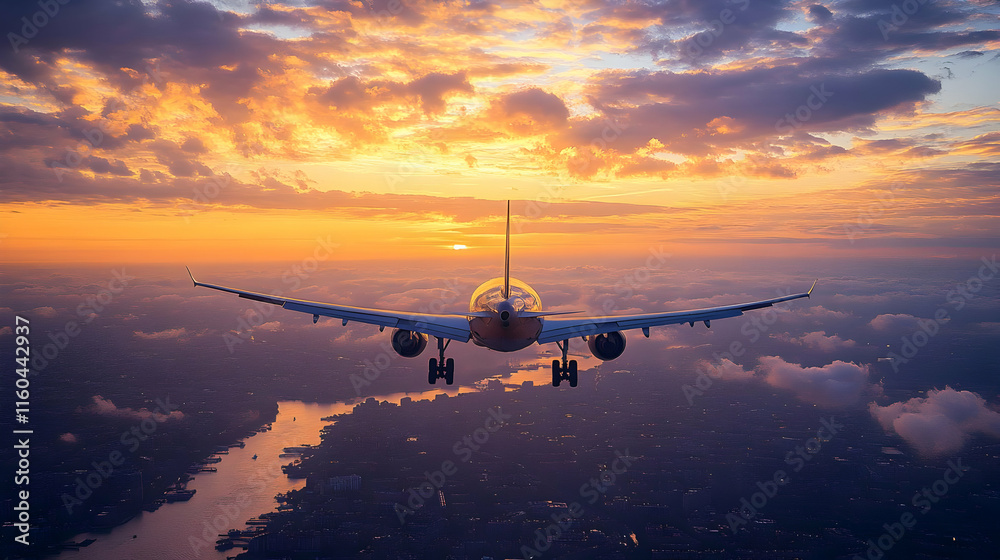 Realistic Image - Airplane Sunset Clouds City River Travel Realistic Image - Airplane Sunset Clouds City River Travel
