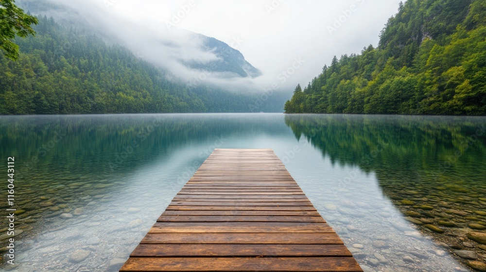 Fototapeta premium Serene Wooden Dock Overlooking Tranquil Misty Mountain Lake