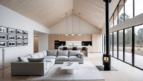Modern open plan living room with vaulted ceiling and fireplace