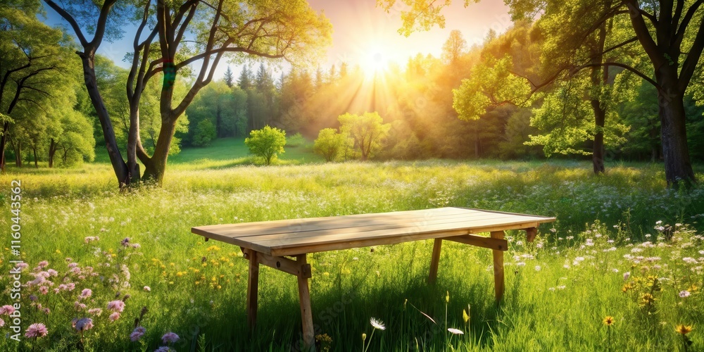 Naklejka premium Serene Meadow Picnic Table at Sunrise A Wooden Table in a Lush Field of Wildflowers Bathed in Golden Sunlight