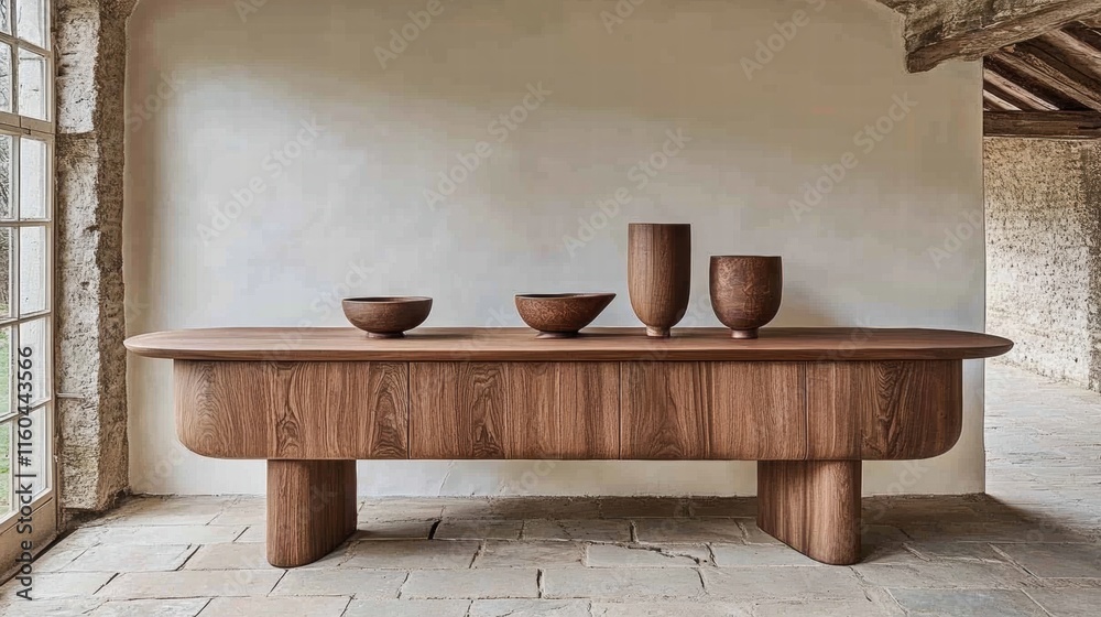 Modern Wooden Console Table with Wooden Bowls and Vases in Rustic Interior Modern Wooden Console Table with Wooden Bowls and Vases in Rustic Interior