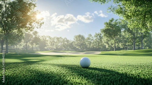 Scenic Golf Course Landscape with Ball on Green Grass Field