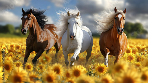 Illustration of Horses Running Through Sunflower Field