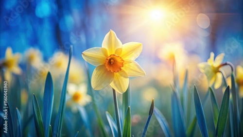 A Single Daffodil Basking in the Warm Glow of the Setting Sun, Surrounded by a Field of its Kindred Blooms photo