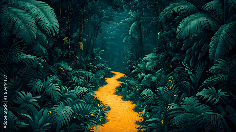Illustration - Lush Jungle Path with Tropical Plants and Flowers