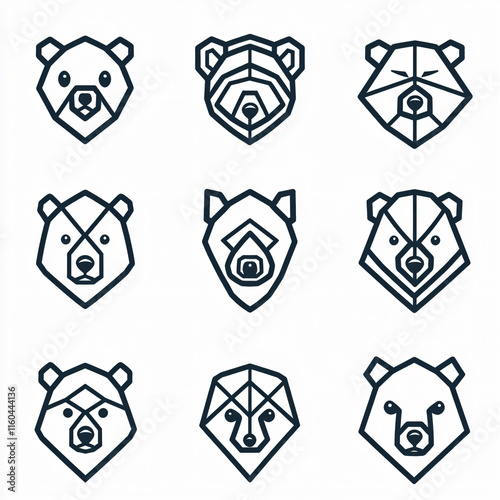 Geometric bear icon set intricate line art design modern minimalist style logo illustration wildlife branding educational material clean advertising marketing kids product packaging symbol clipart photo