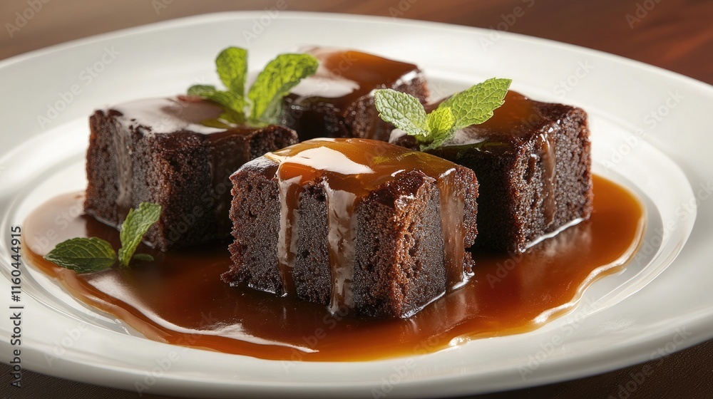 Rich Chocolate Brownies Topped with Caramel Sauce and Mint Leaves Rich Chocolate Brownies Topped with Caramel Sauce and Mint Leaves