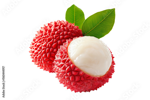 Juicy lychee fruit with red skin, white flesh and green leaves isolated on white transparent background, concept of tropical fruit photo