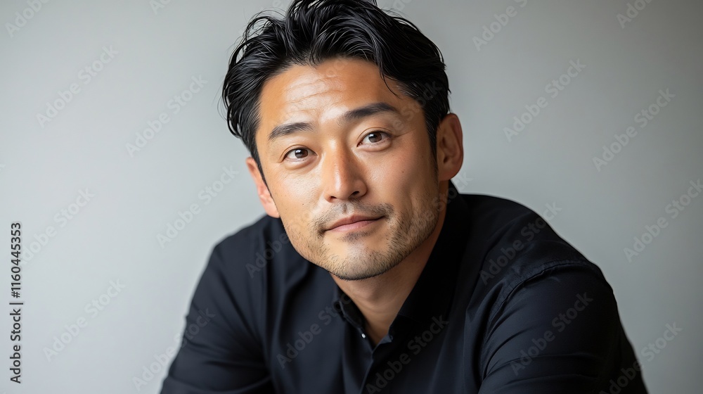 Fototapeta premium Close-up Photo: Pensive Man Posing Elegantly Against Neutral Background. AI Generated