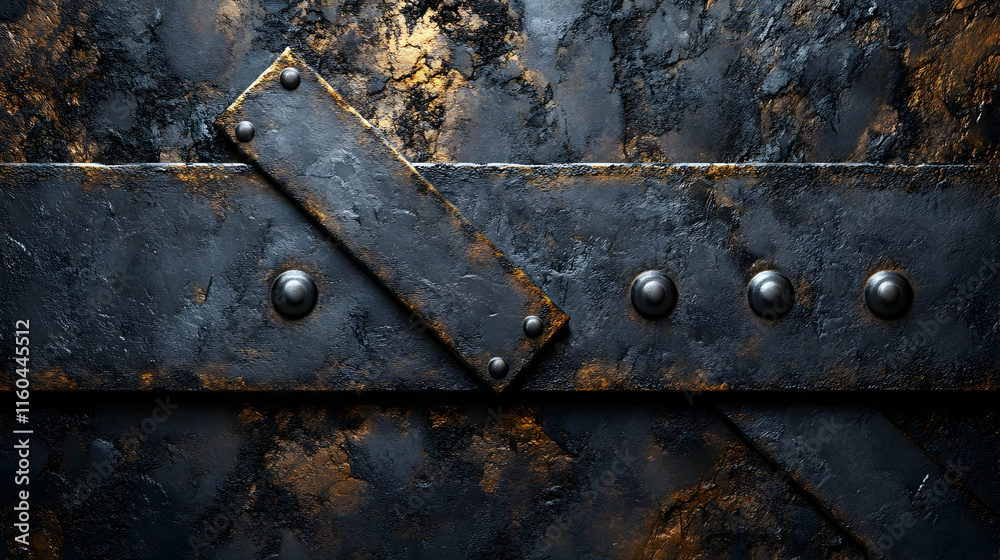 A textured metal surface with rivets and a diagonal strap, suggesting industrial design. A textured metal surface with rivets and a diagonal strap, suggesting industrial design.