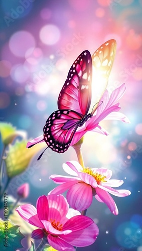 Wallpaper Mural Watercolor art, a butterfly decorates a flower, and is illuminated by sunlight Torontodigital.ca