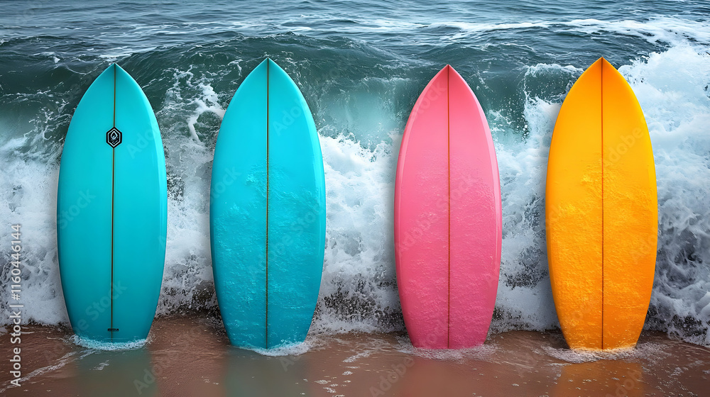 3D Illustration Colorful Surfboards Ocean Waves Beach Sand Surfing 3D Illustration Colorful Surfboards Ocean Waves Beach Sand Surfing