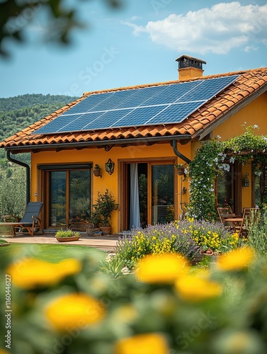 Wallpaper Mural A bright yellow house adorned with solar panels, surrounded by lush greenery and blooming flowers. Torontodigital.ca