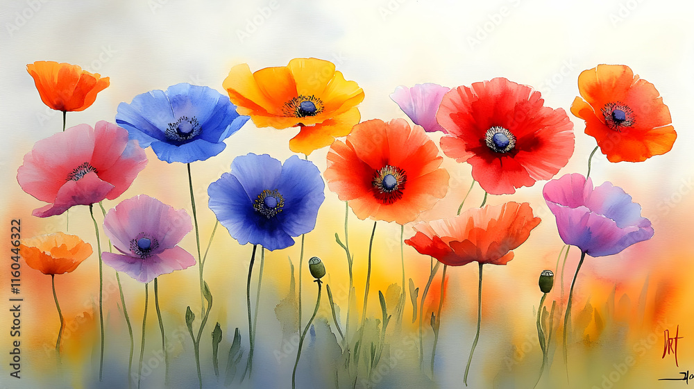 Obraz premium Illustration Colorful Poppies Field Floral Watercolor Painting