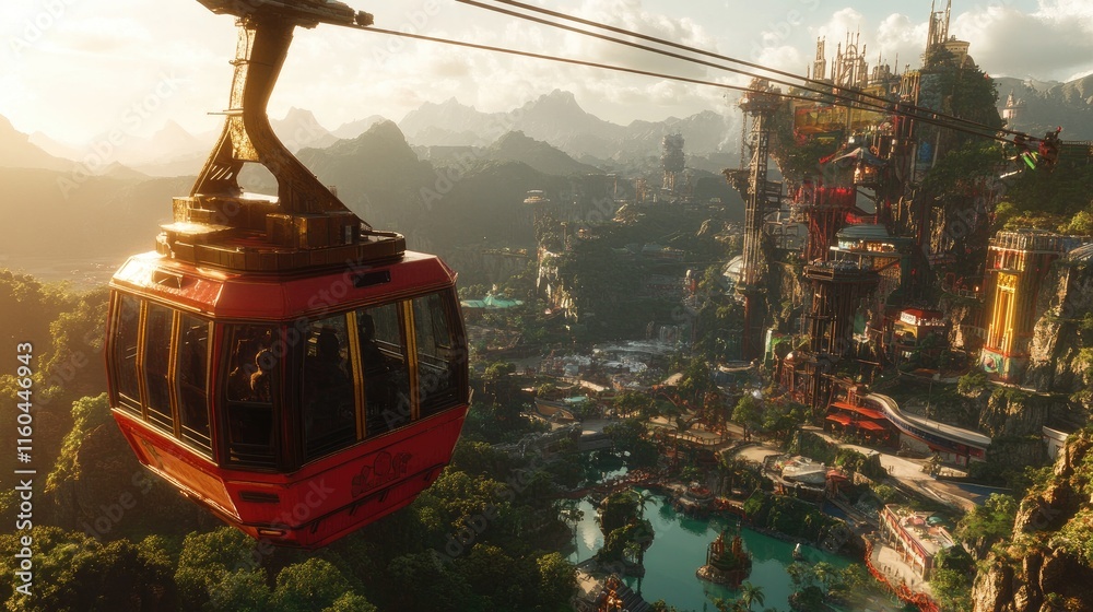 Obraz premium Scenic View from a Cable Car Over Lush Green Mountains and Cityscape