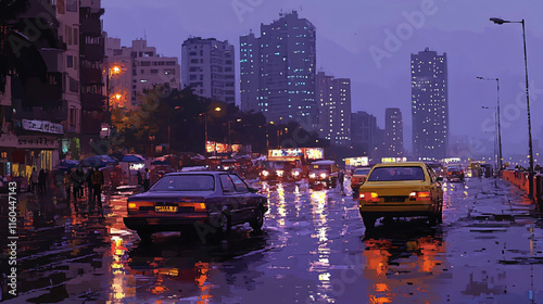 pixel art Rainy Mumbai cityscapes dusk glowing streetlight reflection wet street taxi bustling urban life vibrant 8-bit style atmospheric dynamic visual wallpaper poster illustration south asia post