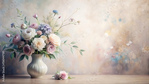 Elegant Pastel Flower Arrangement in a Ceramic Vase on a Wooden Table Against a Textured Wall