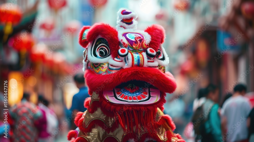 Fototapeta premium Vibrant red lion dance in Asian street with hanging lanterns.