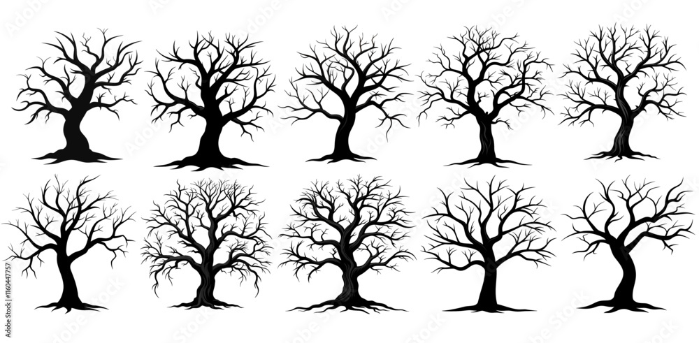 silhouette dead leafless trees on white. spooky, scary, horror etc concept.