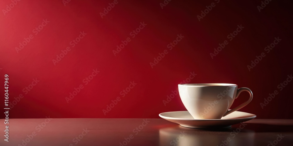 Fototapeta premium A solitary cup of coffee rests on a saucer, elegantly positioned against a deep crimson backdrop, creating a scene of quiet contemplation and warm beverage enjoyment.