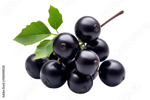 Fresh dark purple acai or Jabuticaba berries with green leaves, isolated on white transparent background. Concept of healthy nutrition and superfoods photo