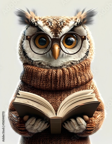 A whimsical illustration of an owl reading a book, conveying a sense of intelligence and curiosity. photo