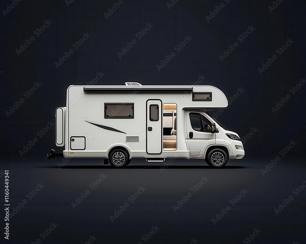 Naklejka premium A motorhome with a modern design featuring hidden storage and seamless surfaces