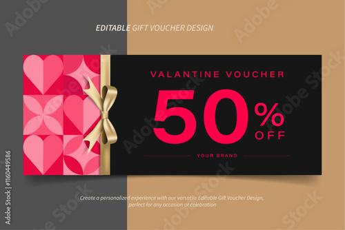 Valentine's Day Luxury Black Discount Voucher Coupon Template, Sale Gift Modern Minimalist, Background promotion banner for online shopping or E-commerce, Gift Voucher, Web Advertising Long Horizontal