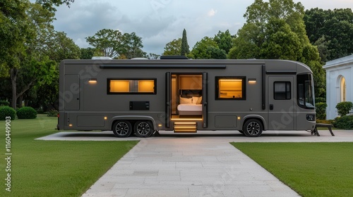 A luxury motorhome with a slideout section for an expansive bedroom suite