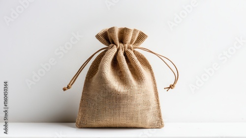 Handmade hemp drawstring bag mockup with rustic burlap texture for eco-friendly designs.