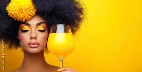 Close-up portrait of a woman with Afro hairstyle holding a glass of freshly-squeezed orange juice, set against a yellow backdrop. Beauty is in healthy lifestyle. Minimal concept with copy space.