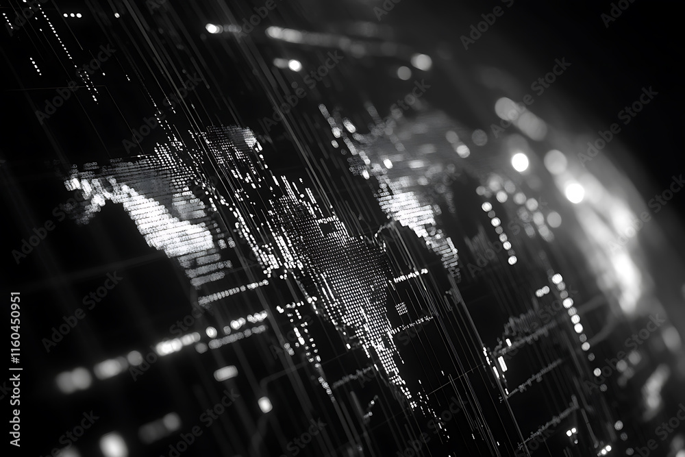 Fototapeta premium Monochrome World Map: Digital Networks and Glowing Connections, Abstract Visualization.